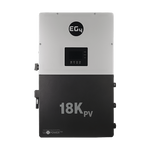 A black and silver EG4 18KPV inverter with a small display screen and central buttons, designed for solar energy residential ESS applications, is shown isolated on a black background.