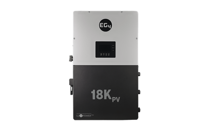 A black and silver EG4 18KPV inverter with a small display screen and central buttons, designed for solar energy residential ESS applications, is shown isolated on a black background.