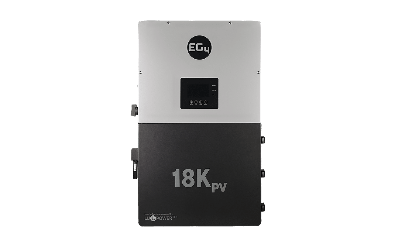 The EG4 18KPV rectangular solar inverter features a black lower half, white upper half, and a central digital display with buttons—perfect for off-grid power solutions.