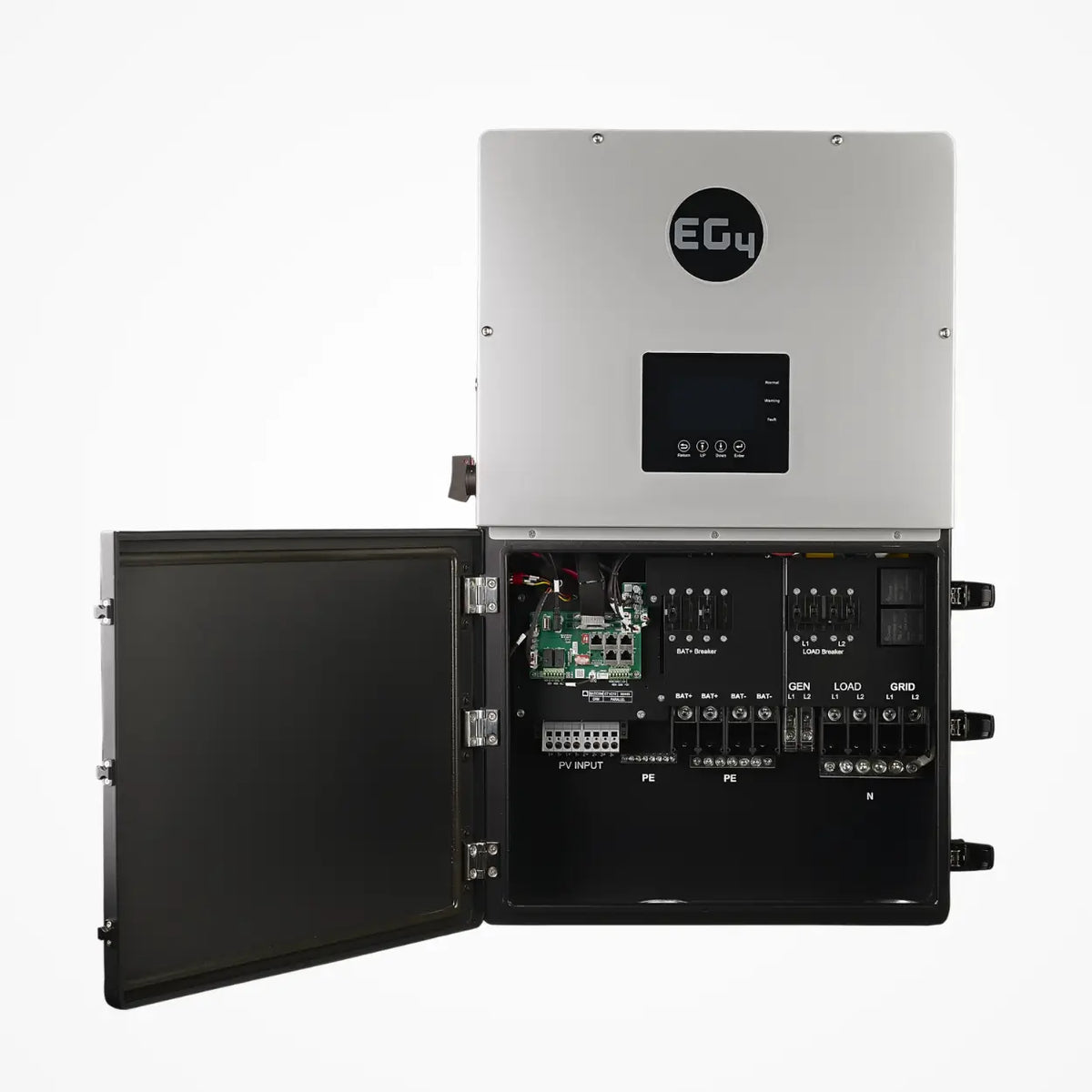 A silver and black EG4 electrical control box with its front door open reveals circuit boards, wiring, labeled I/O terminals, and a digital display on the upper section—designed for energy management of a 12K Hybrid Inverter.
