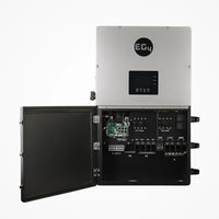 A silver and black EG4 electrical control box with its front door open reveals circuit boards, wiring, labeled I/O terminals, and a digital display on the upper section—designed for energy management of a 12K Hybrid Inverter.