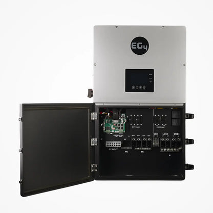 A silver and black EG4 electrical control box with its front door open reveals circuit boards, wiring, labeled I/O terminals, and a digital display on the upper section—designed for energy management of a 12K Hybrid Inverter.