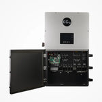 A silver and black EG4 electrical control panel with screen, buttons, and labeled terminals is shown open to display internal wiring—ideal as a residential energy storage system solution.