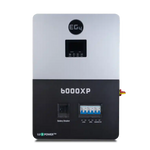 Front view of an EG4 split-phase inverter labeled b6000XP, featuring a display screen, battery breaker switch, circuit breakers, and connection ports for energy management and backup power.