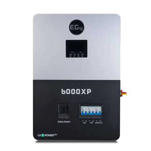 Front view of an EG4 split-phase inverter labeled b6000XP, featuring a display screen, battery breaker switch, circuit breakers, and connection ports for energy management and backup power.