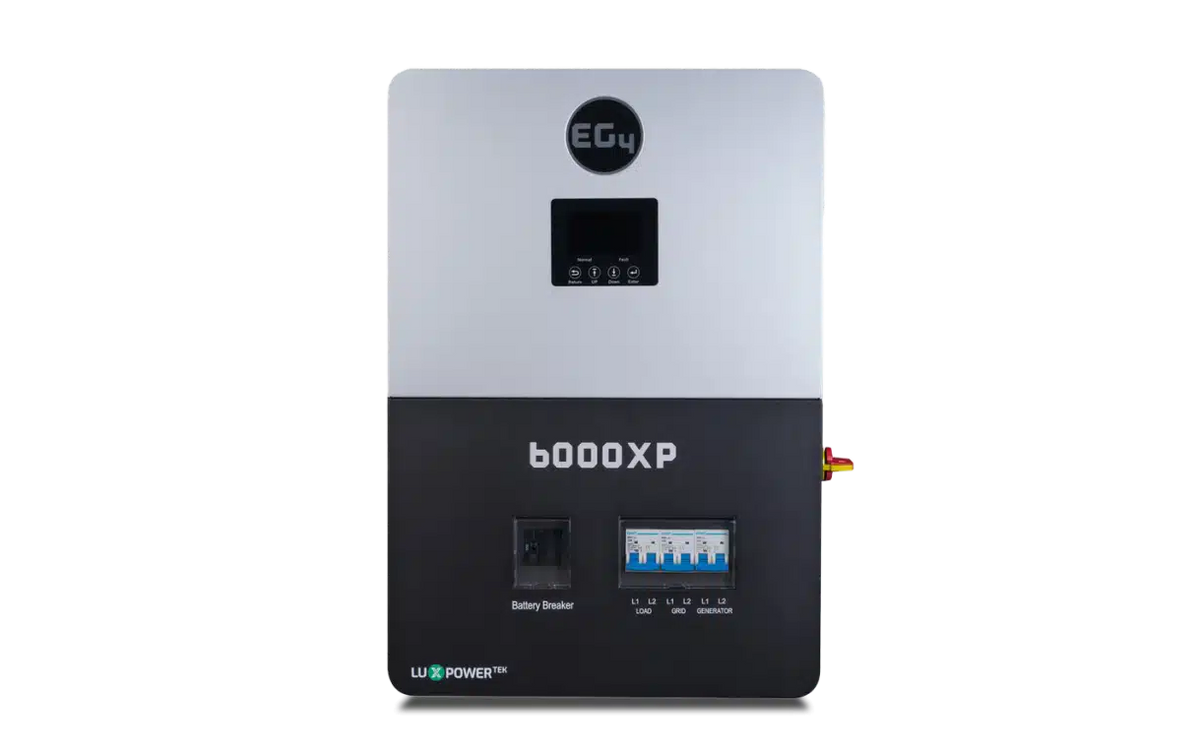 Front view of an EG4 split-phase inverter labeled b6000XP, featuring a display screen, battery breaker switch, circuit breakers, and connection ports for energy management and backup power.