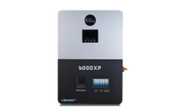 Front view of an EG4 split-phase inverter labeled b6000XP, featuring a display screen, battery breaker switch, circuit breakers, and connection ports for energy management and backup power.