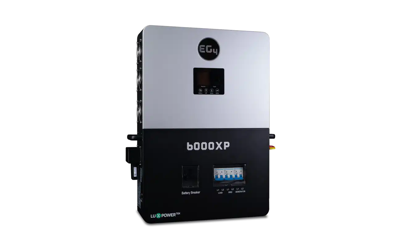 A silver and black BigBattery 6000XP inverter for solar power systems, featuring a small display screen, buttons, switches, and a clearly labeled battery breaker on the front—all enclosed in a sleek design with subtle box shadow effects and smooth border radius details that enhance its modern appearance.