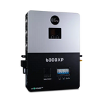 A rectangular BigBattery 6000XP power inverter with a display screen, labeled in black and silver in IBM Plex Sans font, features multiple ports and switches visible on the front panel.