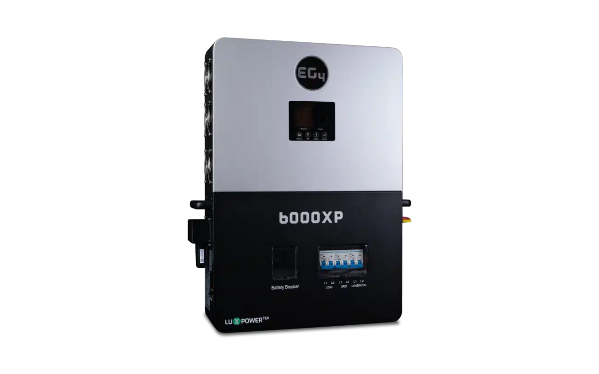 A rectangular BigBattery 6000XP power inverter with a display screen, labeled in black and silver in IBM Plex Sans font, features multiple ports and switches visible on the front panel.