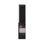 A tall, rectangular EG4 industrial device with a black perforated panel, red emergency stop button, warning labels, and power indicator—ideal as a 6000W inverter for solar backup—is shown front-facing against a white background.