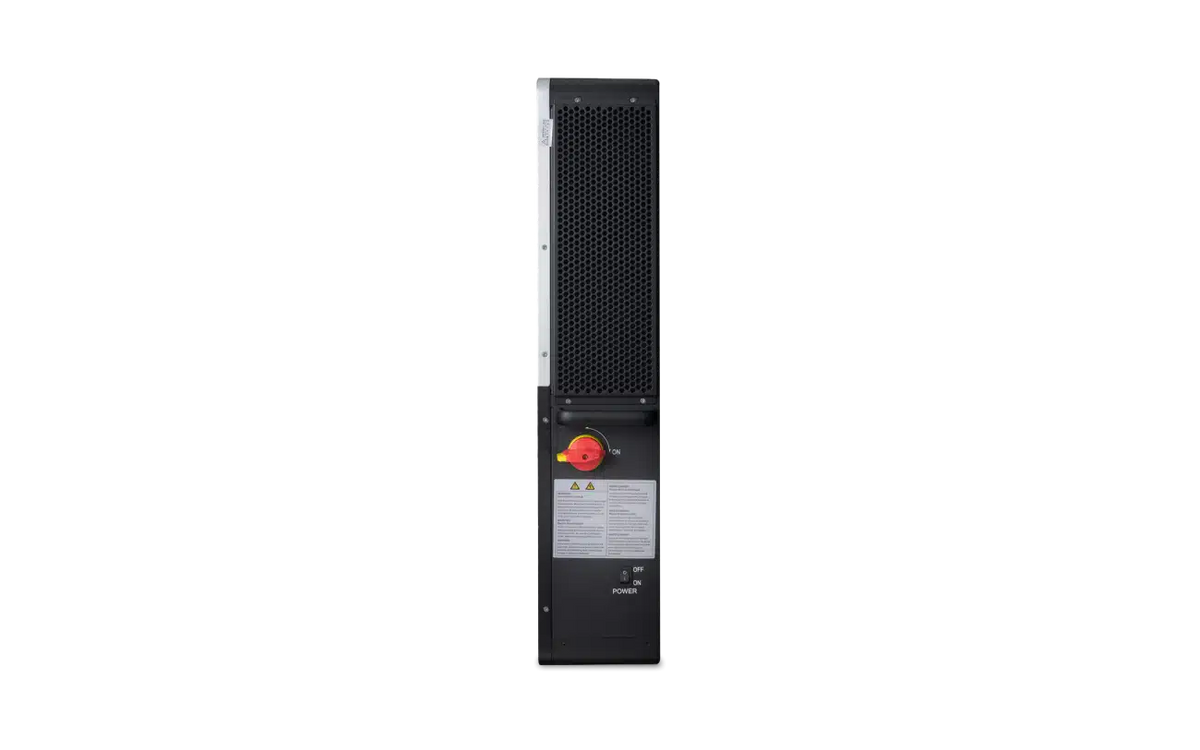 A tall, rectangular EG4 industrial device with a black perforated panel, red emergency stop button, warning labels, and power indicator—ideal as a 6000W inverter for solar backup—is shown front-facing against a white background.