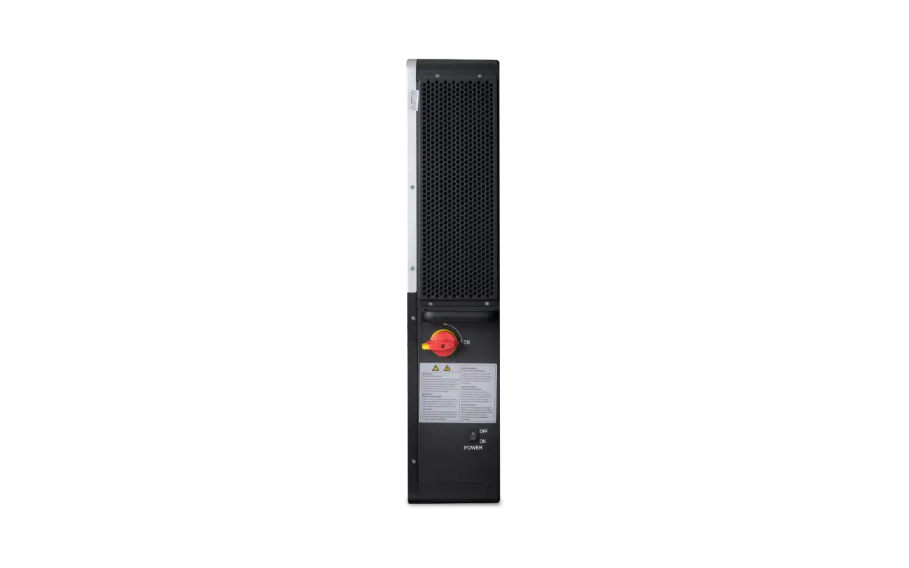 A tall, rectangular EG4 industrial device with a black perforated panel, red emergency stop button, warning labels, and power indicator—ideal as a 6000W inverter for solar backup—is shown front-facing against a white background.