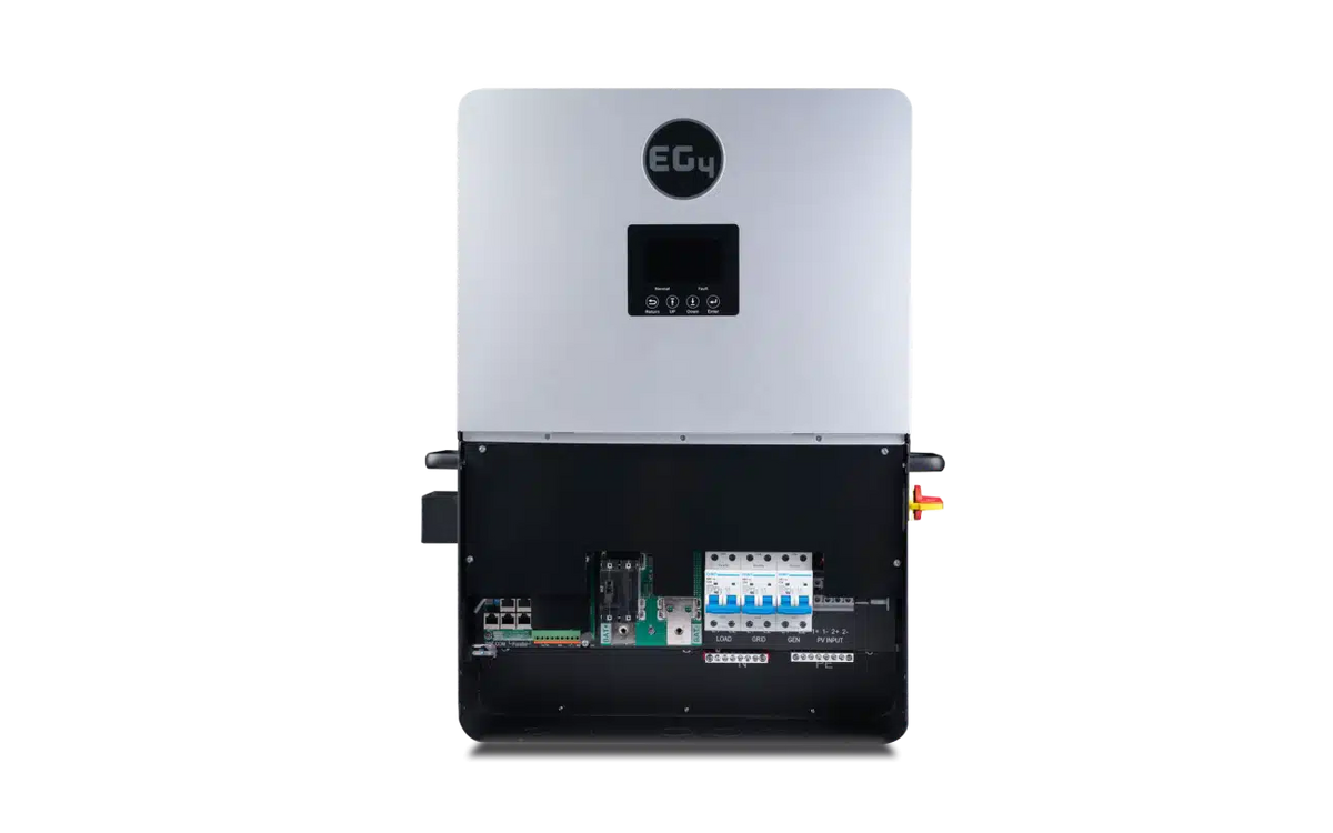 A silver and black BigBattery-branded electrical inverter with its front panel open, revealing internal circuit boards, wiring, and switches, set against a plain white background. The product features subtle design elements reminiscent of IBM Plex Sans aesthetics and incorporates smooth border radius finishes for a modern touch.