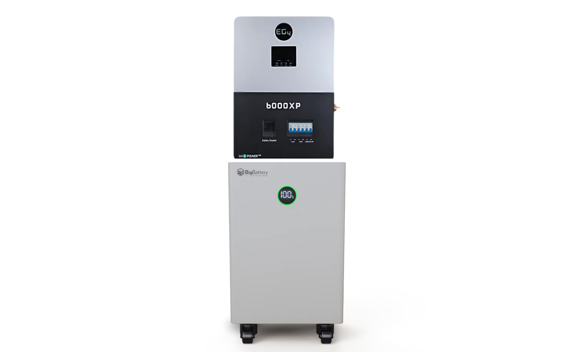 A white and black box-shaped electronic device from BigBattery, featuring control panels and mounted on wheels, stands against a plain white background. Its sleek design, with smooth border radii reminiscent of modern UI themes, adds a subtle touch of sophistication to its overall appearance.