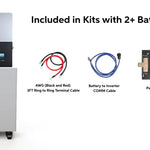 Image of a BigBattery kit displaying AWG ring cables, a COMM cable, and a parallel busbar—labeled "Included in Kits with 2+ Batteries"—all neatly arranged beside a large BigBattery unit and inverter. The components are presented in an organized layout, highlighting modern design features like clean box shadow effects and smooth border radius accents for visual appeal.