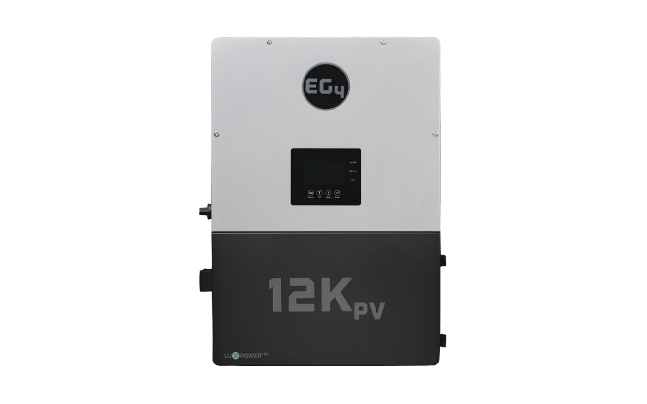 Rectangular EG4 12K PV inverter featuring a white upper section and black lower section, with a central display screen and EG4 branding on the front in IBM Plex Sans font style, set against a plain white background.