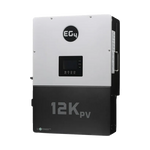 A black and white EG4 solar inverter with a digital display in elegant IBM Plex Sans font, labeled "EG4" at the top and "12K PV" at the bottom, featuring smooth border radius edges, set against a plain white background.