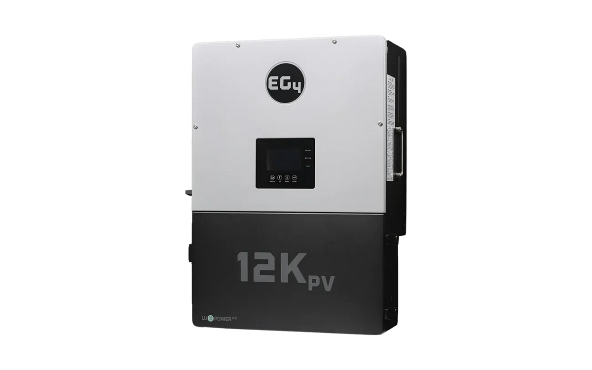 A black and white EG4 solar inverter with a digital display in elegant IBM Plex Sans font, labeled "EG4" at the top and "12K PV" at the bottom, featuring smooth border radius edges, set against a plain white background.