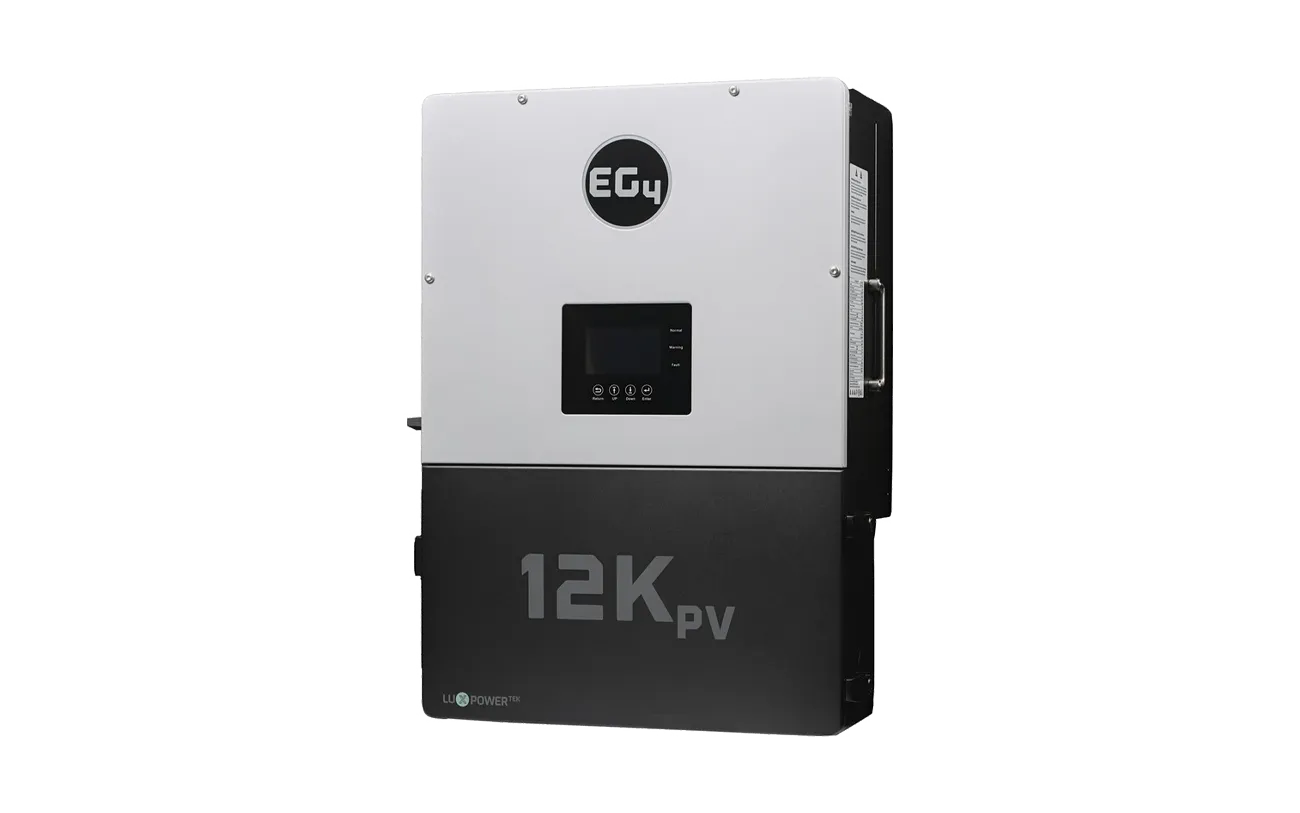 A black and white EG4 solar inverter with a digital display in elegant IBM Plex Sans font, labeled "EG4" at the top and "12K PV" at the bottom, featuring smooth border radius edges, set against a plain white background.