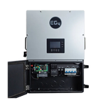 A gray EG4 electrical control panel featuring a digital display with buttons, and a lower compartment that reveals circuit boards and wiring when the front cover is open. The interface boasts a sleek border radius and uses the modern IBM Plex Sans typeface for enhanced readability.