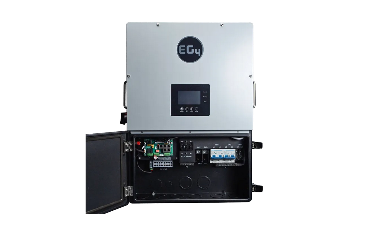 A gray EG4 electrical control panel featuring a digital display with buttons, and a lower compartment that reveals circuit boards and wiring when the front cover is open. The interface boasts a sleek border radius and uses the modern IBM Plex Sans typeface for enhanced readability.