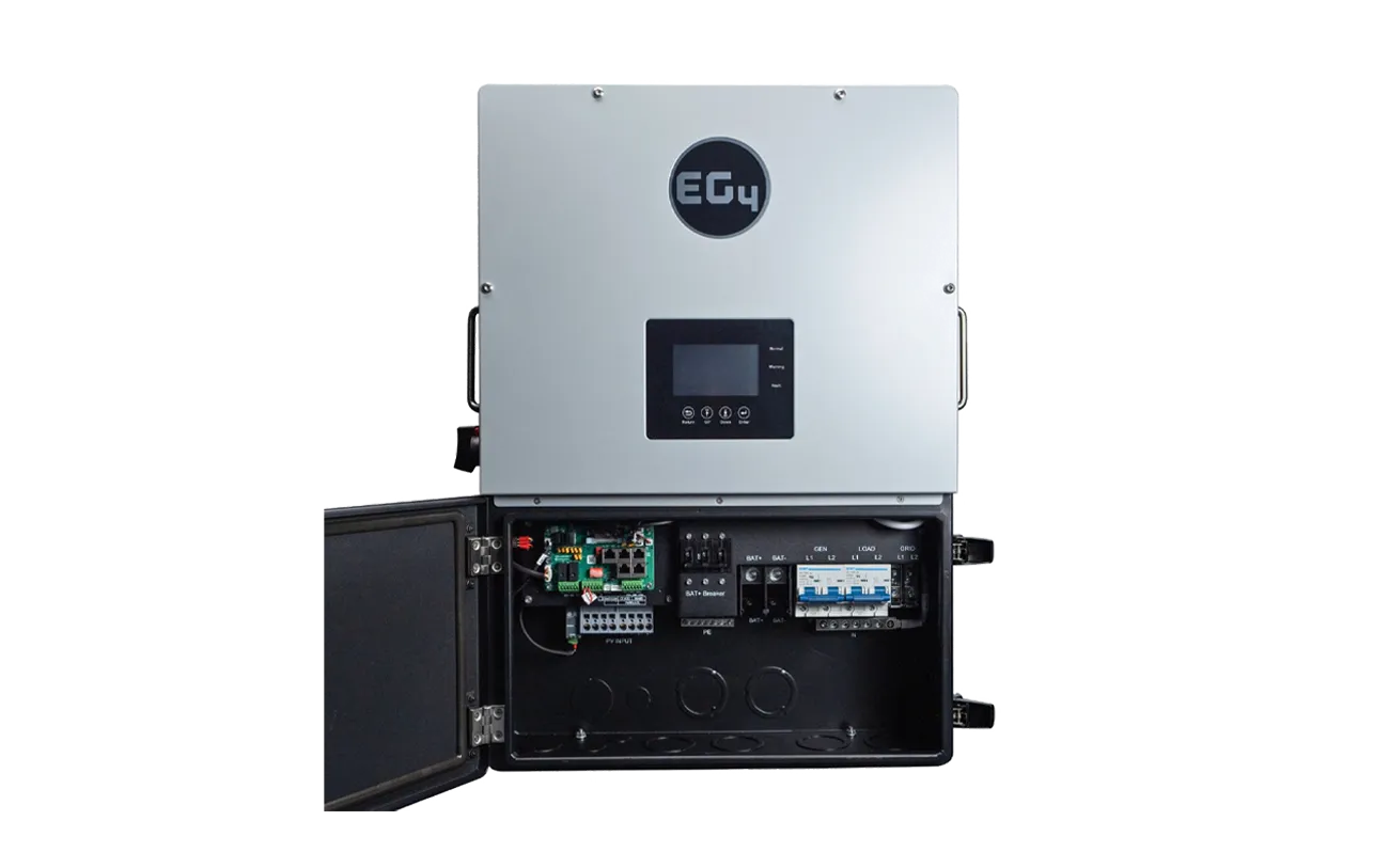 A gray EG4 electrical control panel featuring a digital display with buttons, and a lower compartment that reveals circuit boards and wiring when the front cover is open. The interface boasts a sleek border radius and uses the modern IBM Plex Sans typeface for enhanced readability.