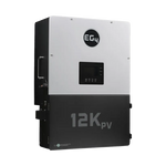 A black and white EG4 12K PV inverter, branded with the EG4 logo, featuring a digital display with IBM Plex Sans font and control buttons on the front panel. The unit is mounted vertically against a plain light background with softly rounded border radius edges.