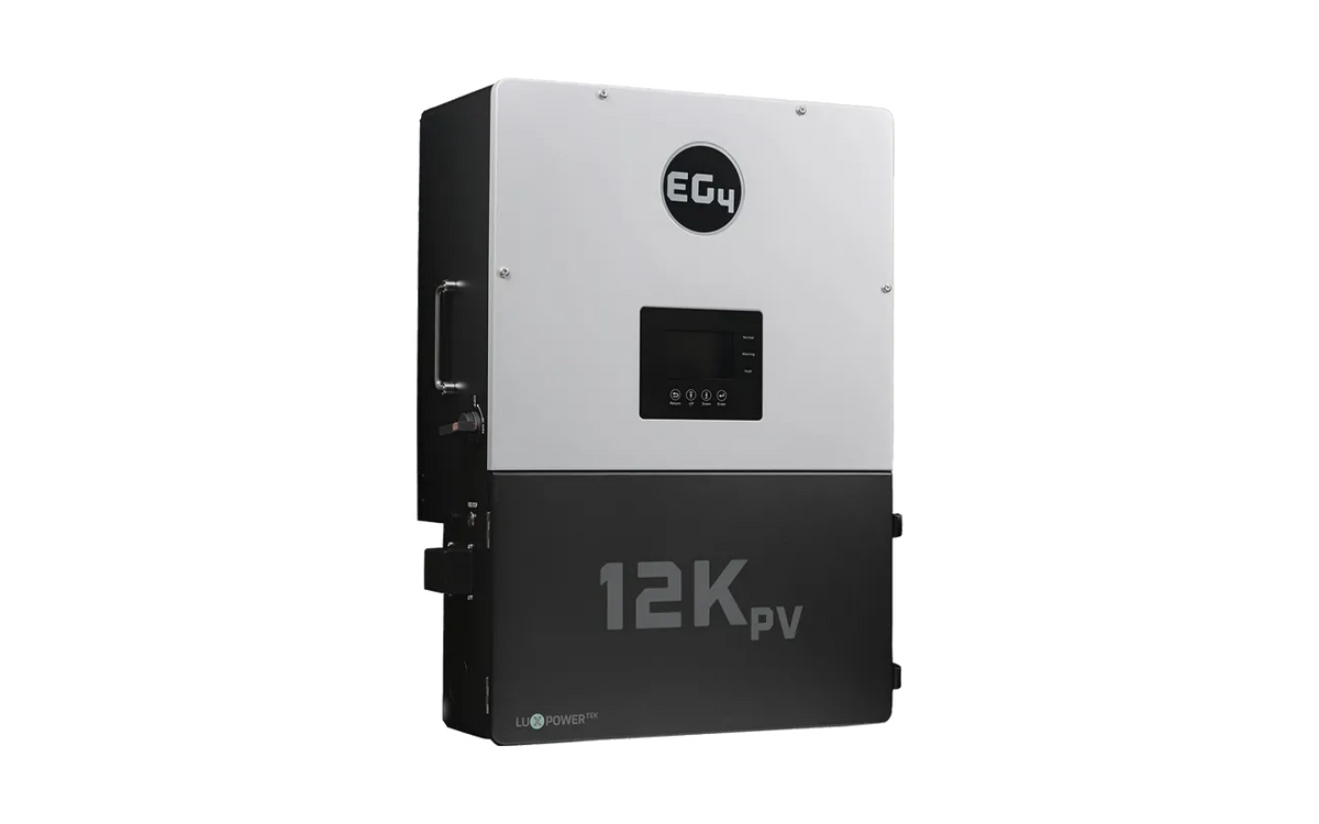 A black and white EG4 12K PV inverter, branded with the EG4 logo, featuring a digital display with IBM Plex Sans font and control buttons on the front panel. The unit is mounted vertically against a plain light background with softly rounded border radius edges.