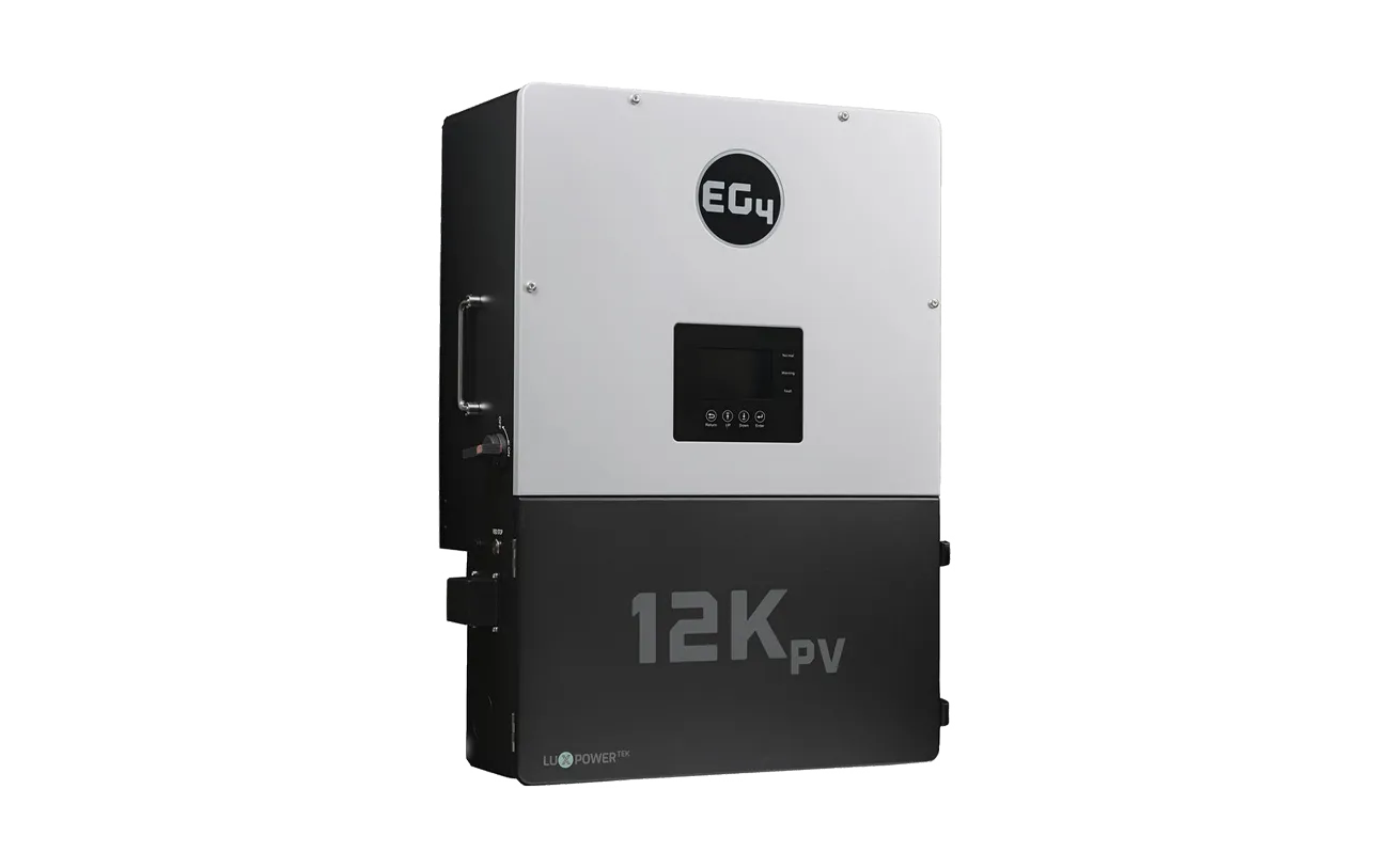 A black and white EG4 12K PV inverter, branded with the EG4 logo, featuring a digital display with IBM Plex Sans font and control buttons on the front panel. The unit is mounted vertically against a plain light background with softly rounded border radius edges.