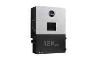 A black and white EG4 12K PV inverter, branded with the EG4 logo, featuring a digital display with IBM Plex Sans font and control buttons on the front panel. The unit is mounted vertically against a plain light background with softly rounded border radius edges.
