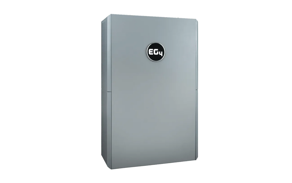 A silver, rectangular battery storage unit featuring a round black EG4 logo on the front, designed with sleek rounded edges and elegant IBM Plex Sans font for the branding, positioned against a plain white background.