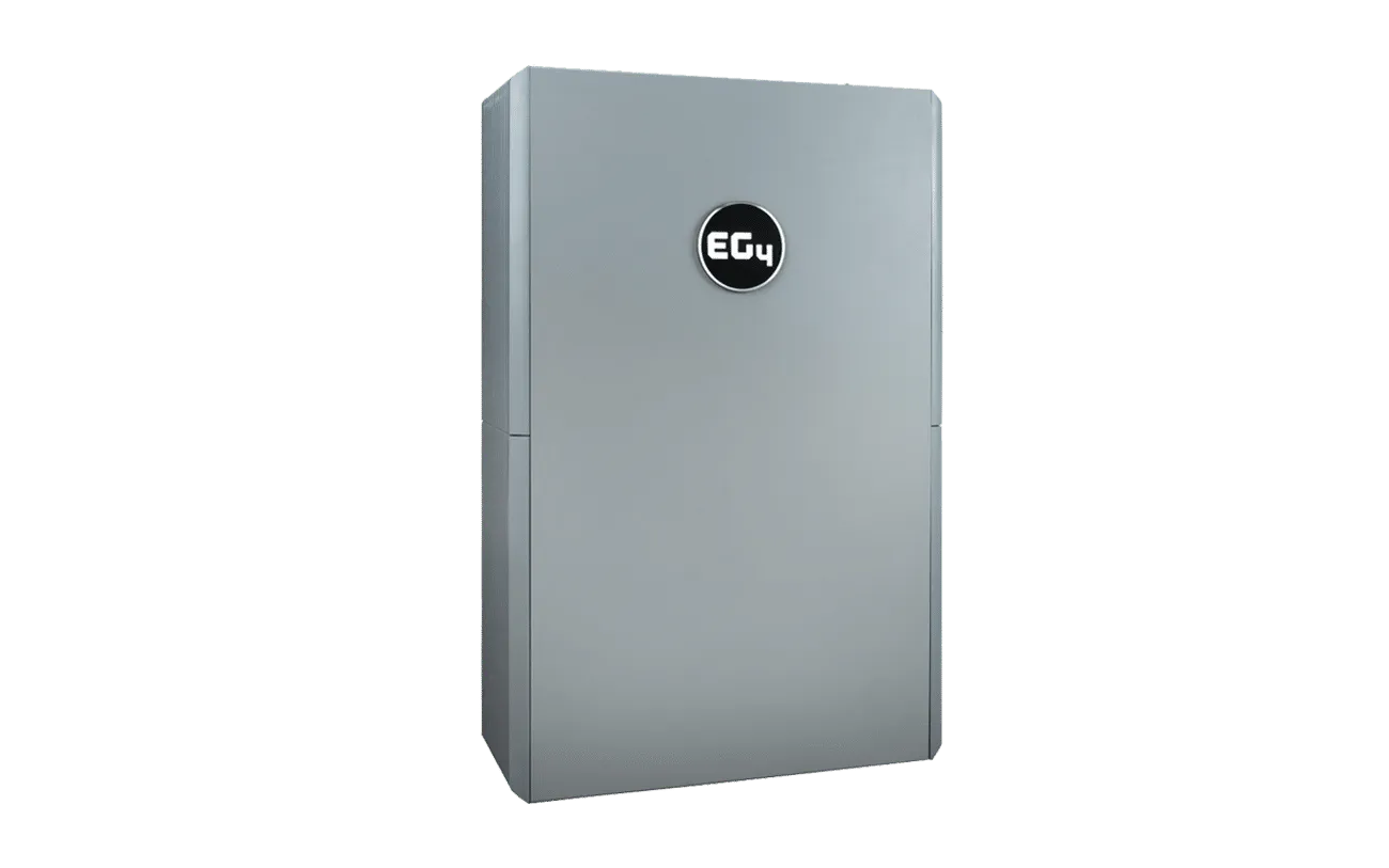 A silver, rectangular battery storage unit featuring a round black EG4 logo on the front, designed with sleek rounded edges and elegant IBM Plex Sans font for the branding, positioned against a plain white background.
