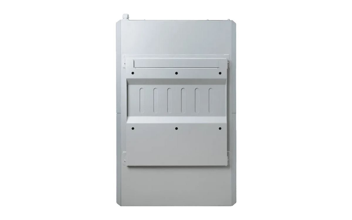 A rectangular, metallic gray EG4 appliance with a flat front panel and indented sections—possibly the rear view of a washing machine or similar household device—stands against a plain white background. Its clean lines evoke the modern clarity of an IBM Plex Sans font display, subtly softened by gentle, border-radius-inspired curves along its edges.