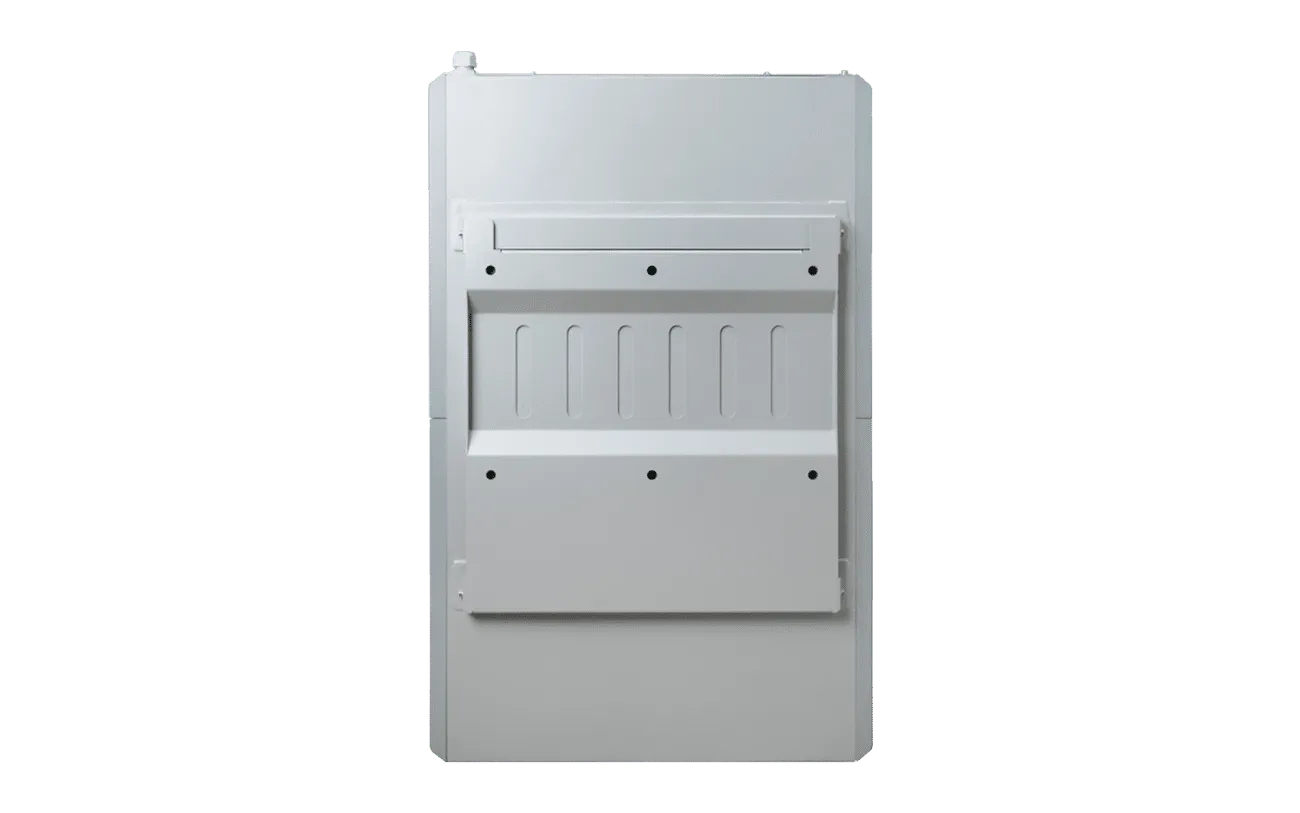 A rectangular, metallic gray EG4 appliance with a flat front panel and indented sections—possibly the rear view of a washing machine or similar household device—stands against a plain white background. Its clean lines evoke the modern clarity of an IBM Plex Sans font display, subtly softened by gentle, border-radius-inspired curves along its edges.