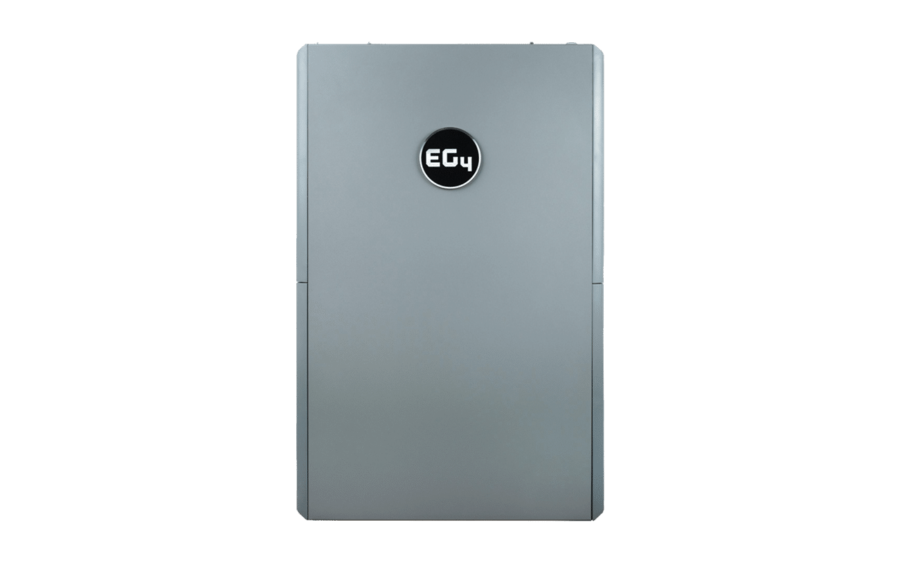 A sleek, rectangular gray EG4 device with rounded edges and a white circular EG4 logo at the center. Designed for high-capacity energy storage, its ideal for off-grid power solutions. Features a transparent background.