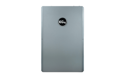 A gray, rectangular EG4 battery unit for home energy storage features the EG4 logo in white inside a black circle on the upper front center, shown from the front against a white background. Brand: EG4.