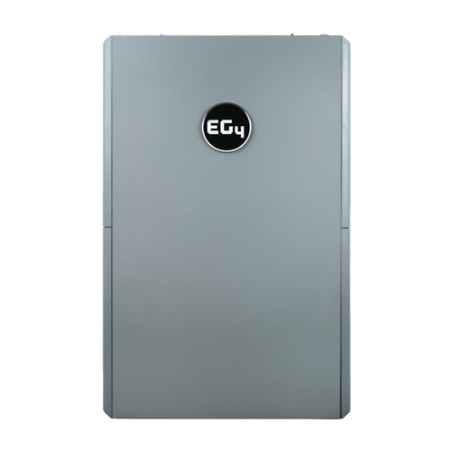 A sleek, rectangular, metallic-gray EG4 device with a black circular logo at the top center, designed for high-capacity energy storage and featuring an advanced Battery Management System, set against a plain background.