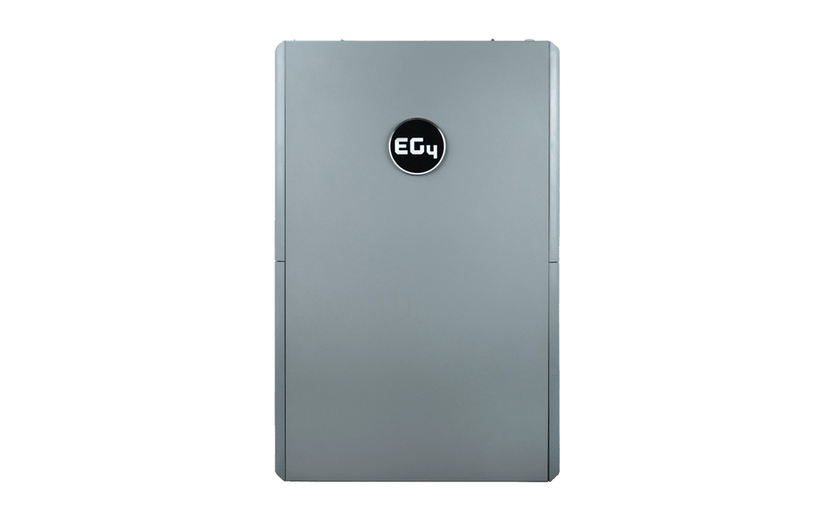 A sleek, rectangular gray EG4 device for energy storage systems with a centered black circular EG4 logo on the front, shown on a transparent background.