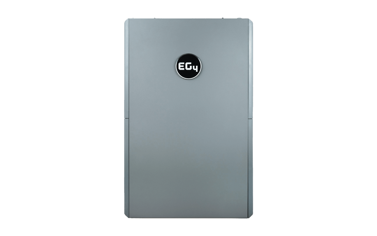 A rectangular, silver-gray EG4 battery storage unit with a black circular logo in the center, featuring high MPPT efficiency and optimal battery voltage range, displayed against a plain white background.
