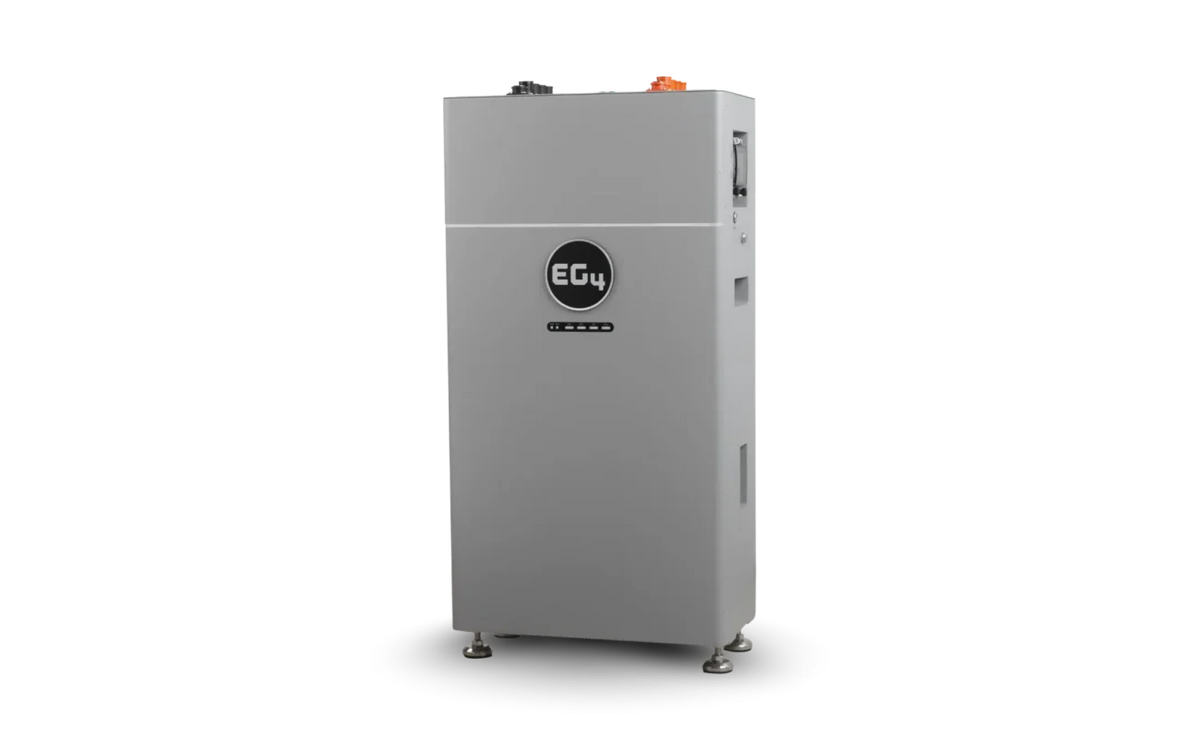 A tall, rectangular gray industrial machine from EG4 stands on metal feet against a light background, featuring display buttons on its front panel. The modern sans-serif EG4 logo is prominently displayed, giving the design a sleek and contemporary feel reminiscent of card-inspired aesthetics.