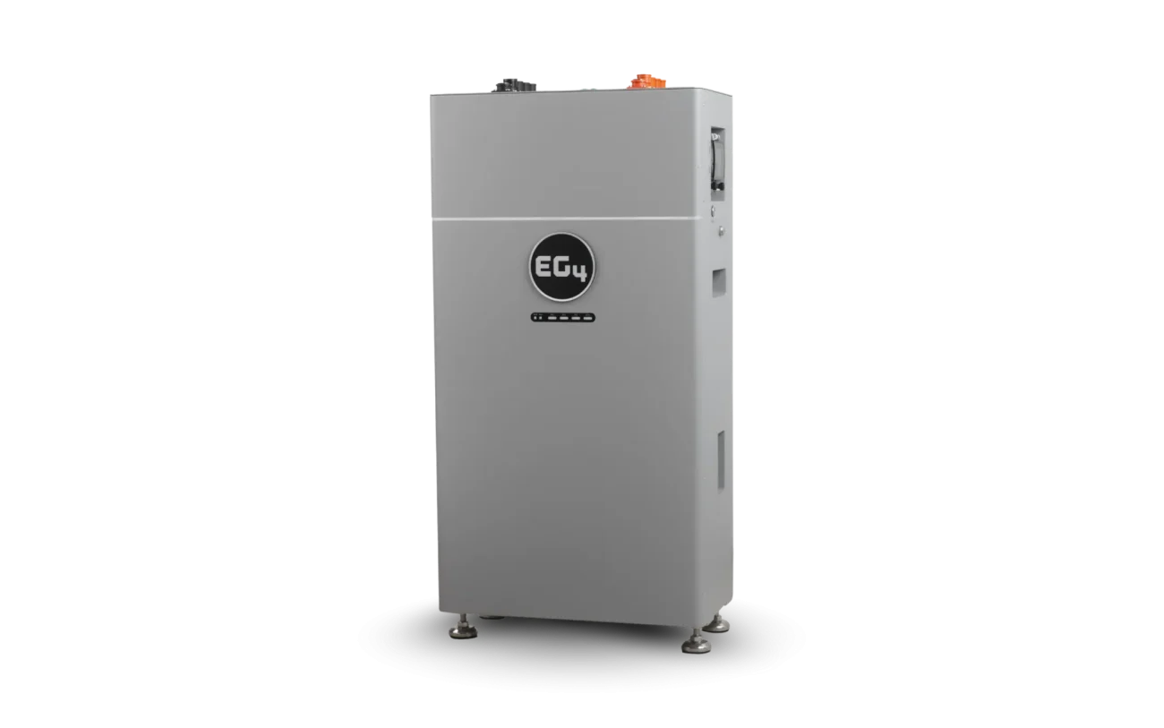 A tall, rectangular gray industrial machine from EG4 stands on metal feet against a light background, featuring display buttons on its front panel. The modern sans-serif EG4 logo is prominently displayed, giving the design a sleek and contemporary feel reminiscent of card-inspired aesthetics.