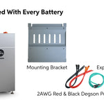 An EG4 battery system, a mounting bracket, expansion bolts, and two 2AWG red and black Degson power cables are arranged on a white background in a sleek card design, each item clearly labeled as included with every EG4 battery. The layout features a clean aesthetic inspired by modern sans-serif fonts such as IBM Plex Sans.