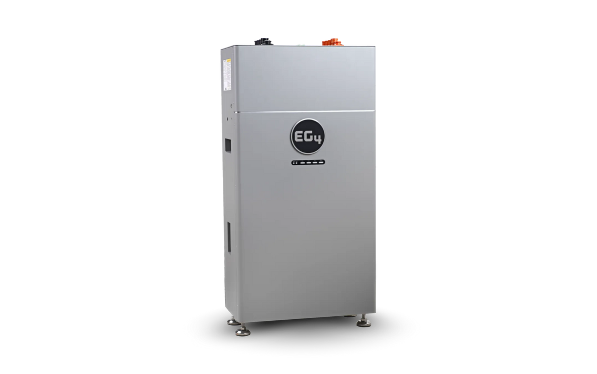 A tall, rectangular, metallic gray industrial machine labeled "EG4" on the front in a modern sans-serif font reminiscent of IBM Plex Sans, with small feet at the bottom, set against a plain white background. The clean lines evoke thoughtful card design aesthetics.