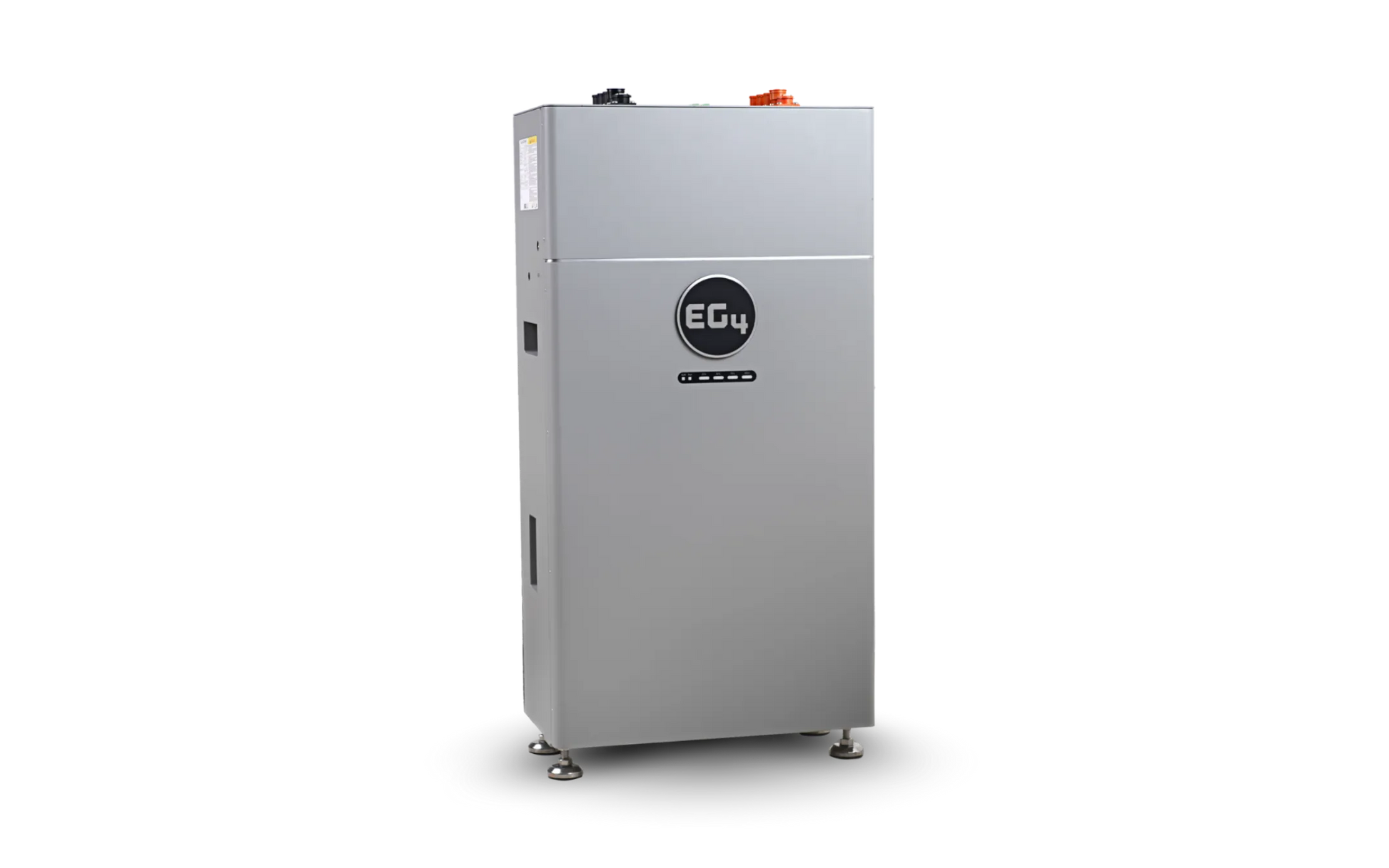 A tall, rectangular, metallic gray industrial machine labeled "EG4" on the front in a modern sans-serif font reminiscent of IBM Plex Sans, with small feet at the bottom, set against a plain white background. The clean lines evoke thoughtful card design aesthetics.