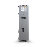 Tall, rectangular gray industrial machine from EG4 with a sleek control panel featuring the modern sans-serif font IBM Plex Sans, alongside a warning label on top. The unit includes vent openings and four adjustable feet, all set against a plain white background.