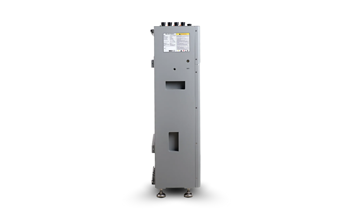 Tall, rectangular gray industrial machine from EG4 with a sleek control panel featuring the modern sans-serif font IBM Plex Sans, alongside a warning label on top. The unit includes vent openings and four adjustable feet, all set against a plain white background.