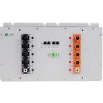 Rectangular EG4 electrical device panel featuring black and orange power connectors, Ethernet ports, green terminal blocks, and a “GND” label on the top left, all set against a white background. Crisp labeling in an IBM Plex Sans style modern sans-serif font enhances legibility and lends the card a contemporary design feel.