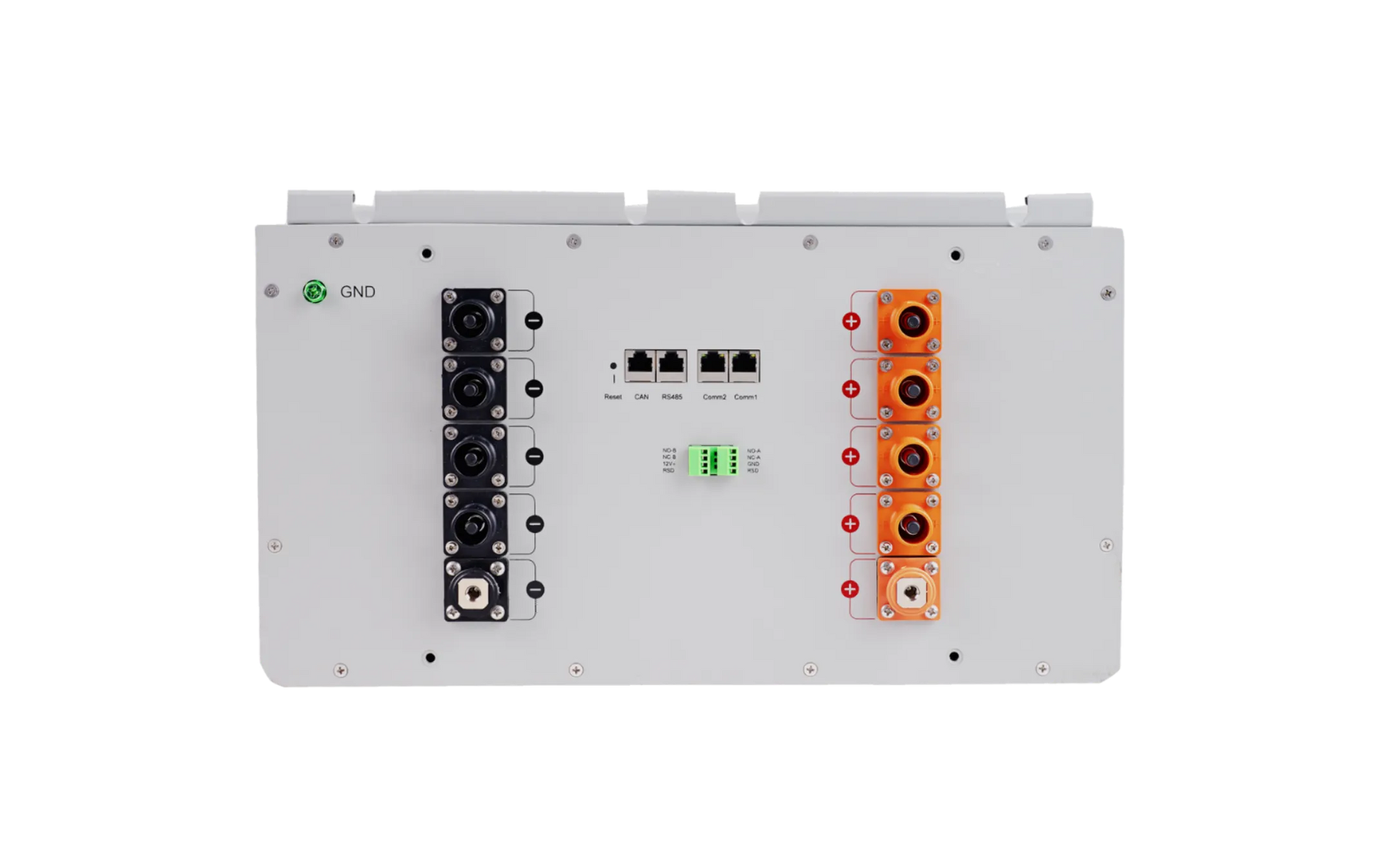 Rectangular EG4 electrical device panel featuring black and orange power connectors, Ethernet ports, green terminal blocks, and a “GND” label on the top left, all set against a white background. Crisp labeling in an IBM Plex Sans style modern sans-serif font enhances legibility and lends the card a contemporary design feel.
