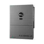 A gray wall-mounted power inverter by EG4 is displayed against a plain white background. The front features the EG4 logo along with the model name FLEXBOSS 21 in the lower right corner, both presented in a modern card design that reflects the clean lines of contemporary font styles such as IBM Plex Sans.